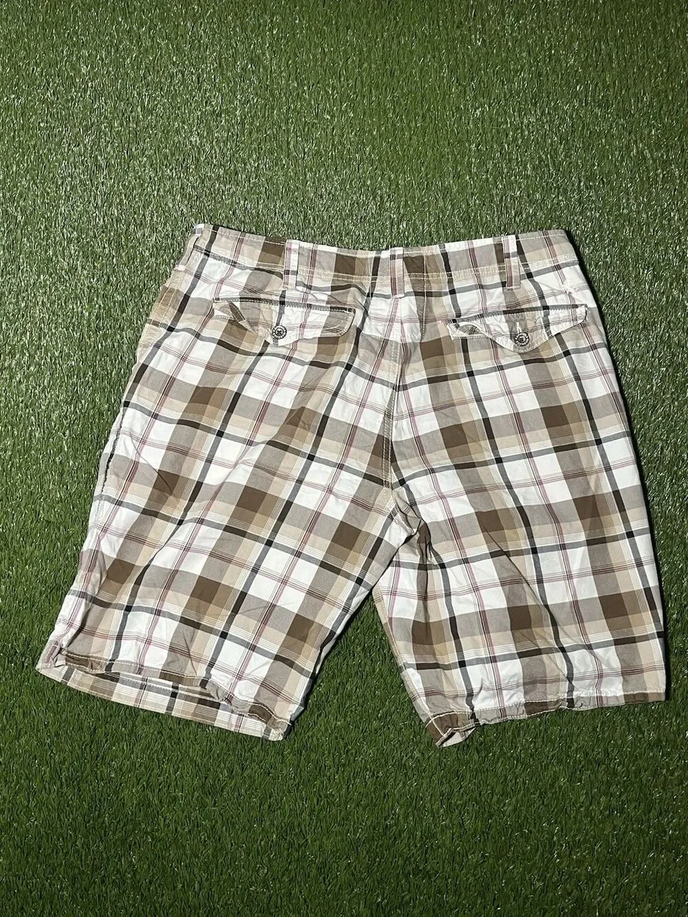 Express Plaid Chino Men's Shorts, Cotton, Brown Beige Pink White, Button Size 36